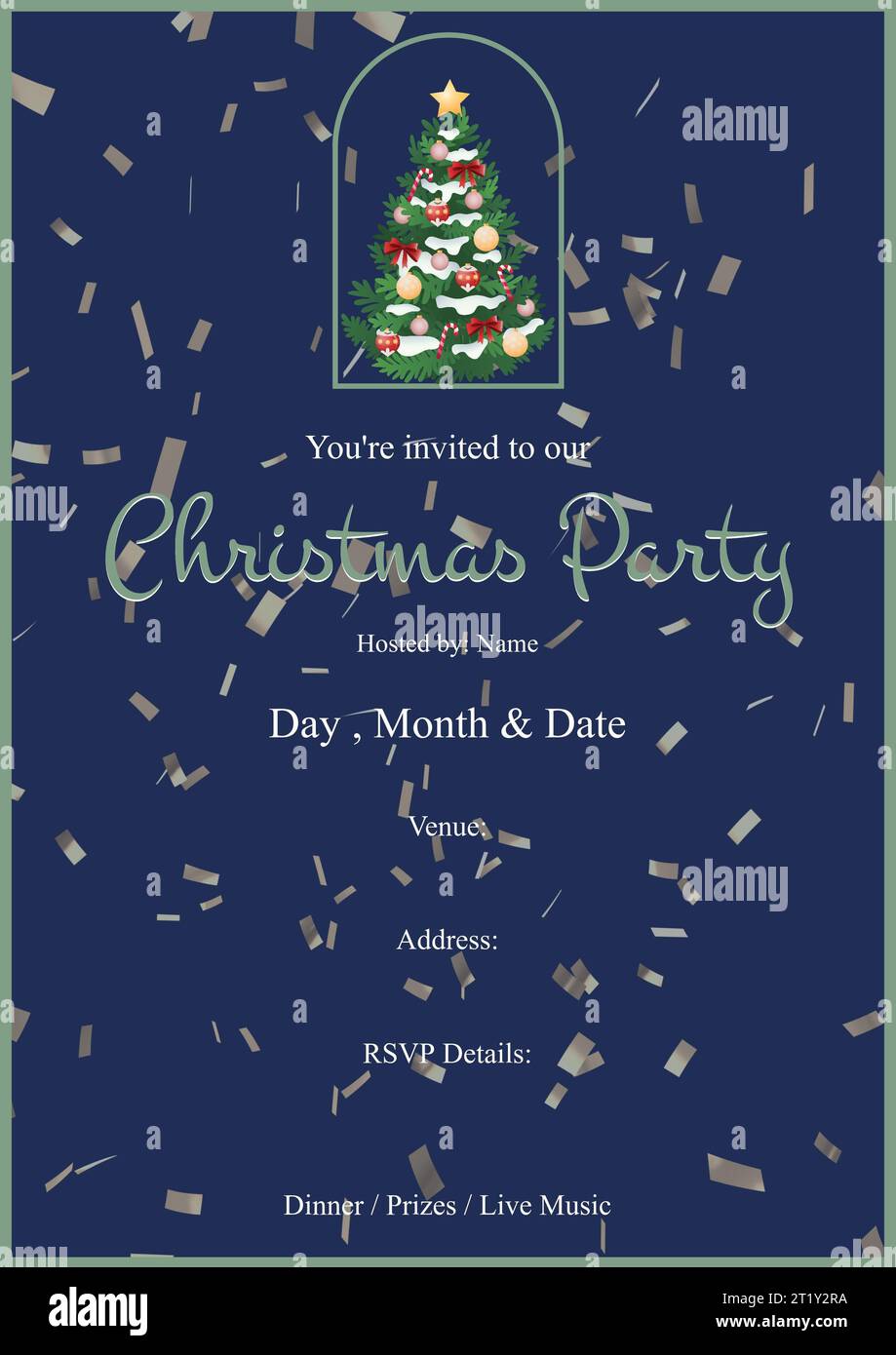 Sie sind zu unserer Party eingeladen mit Tag, Monat, Datum, Ort, Adresse, rsvp-Details und weihnachtsbaum Stockfoto
