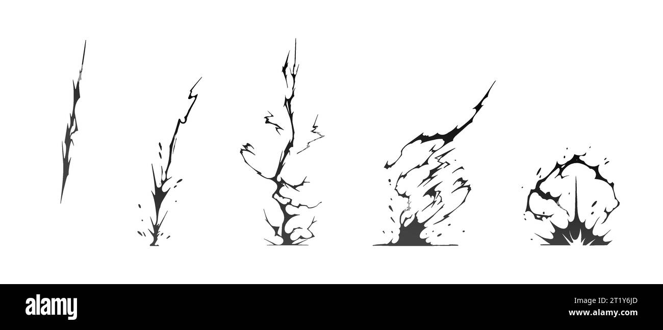 Blitzschlag Silhouetten Sequenzvektor-Illustration. Schwarze Blitze und Reißverschlüsse sind natürliche Phänomene, die auf einem dunklen Hintergrund isoliert sind. Th Stock Vektor