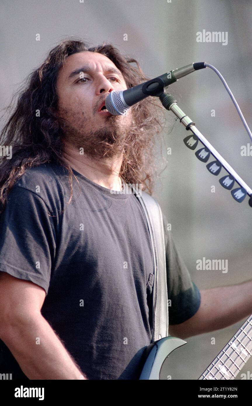 Mailand Italien 10. 07. 1996 : der Sänger und Bassist Tom Araya von der Slayer Band während des Konzerts im Acquatica Park Stockfoto