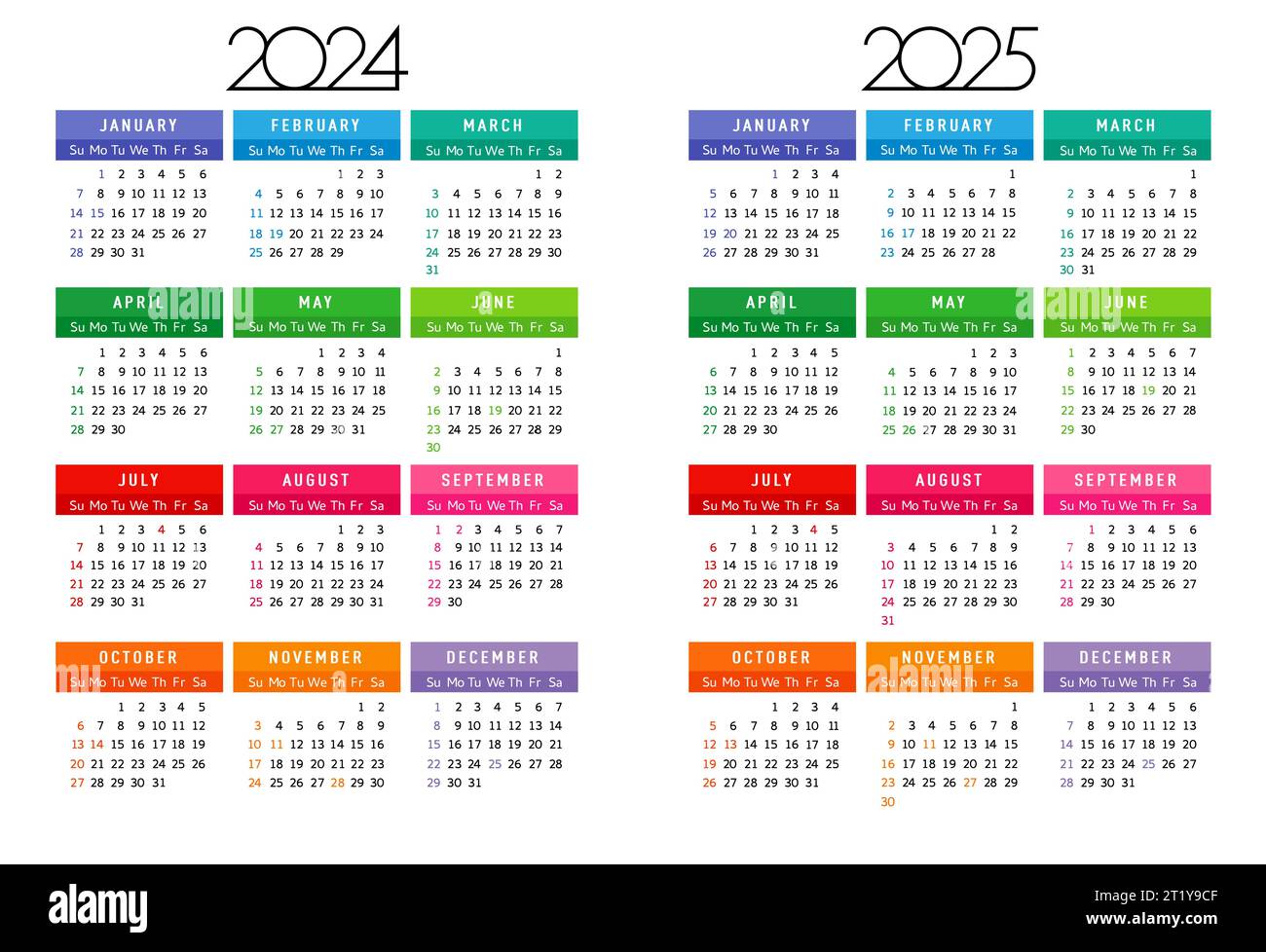Kalender 2024 - 2025 Jahr, Wochenbeginn sonntag, farbige quadratische Monate. Vektorillustration Corporate Design Planer editierbare Vorlage Stock Vektor