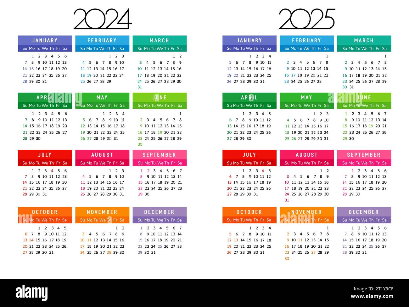 Kalender 2025 2025 Jahr, Wochenbeginn sonntag, farbige quadratische