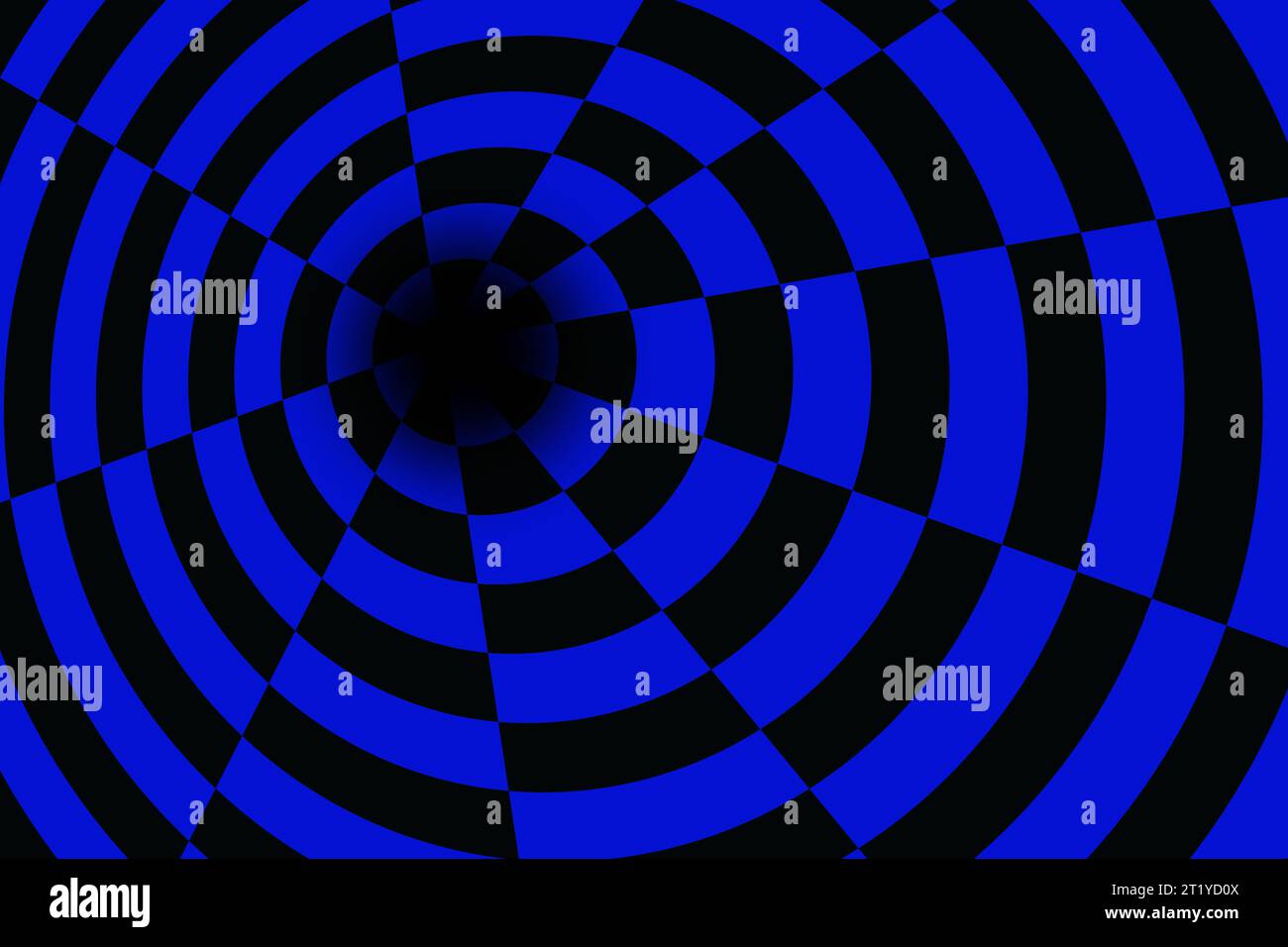 Schwarzes und blaues röhrenförmiges Schachbrett mit Fluchtpunkt. Stockfoto