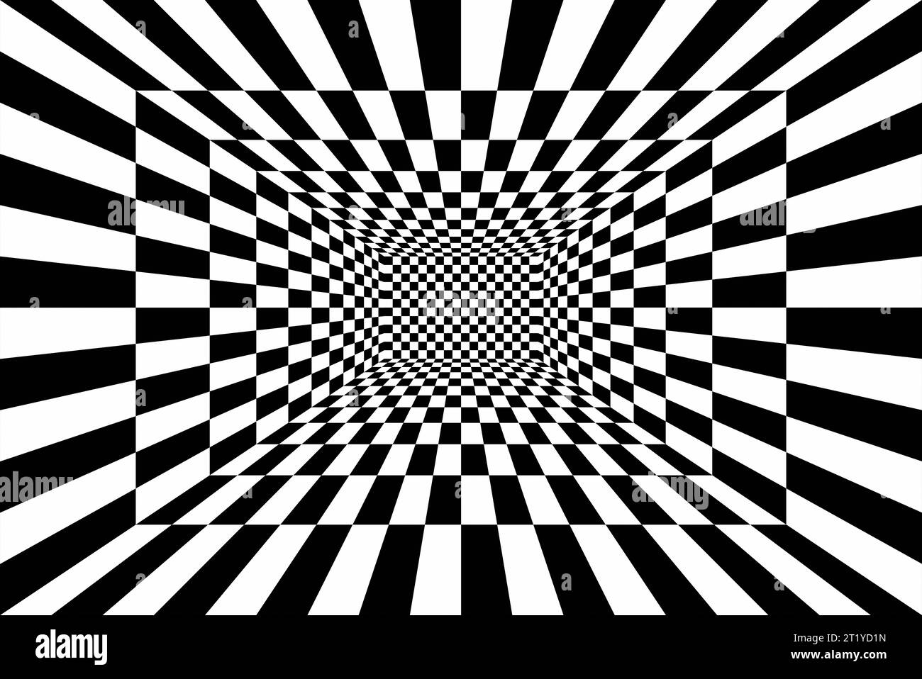 Hintergrund mit hypnotischem Effekt in Schwarz-weiß-Schachbrettmuster. Stockfoto