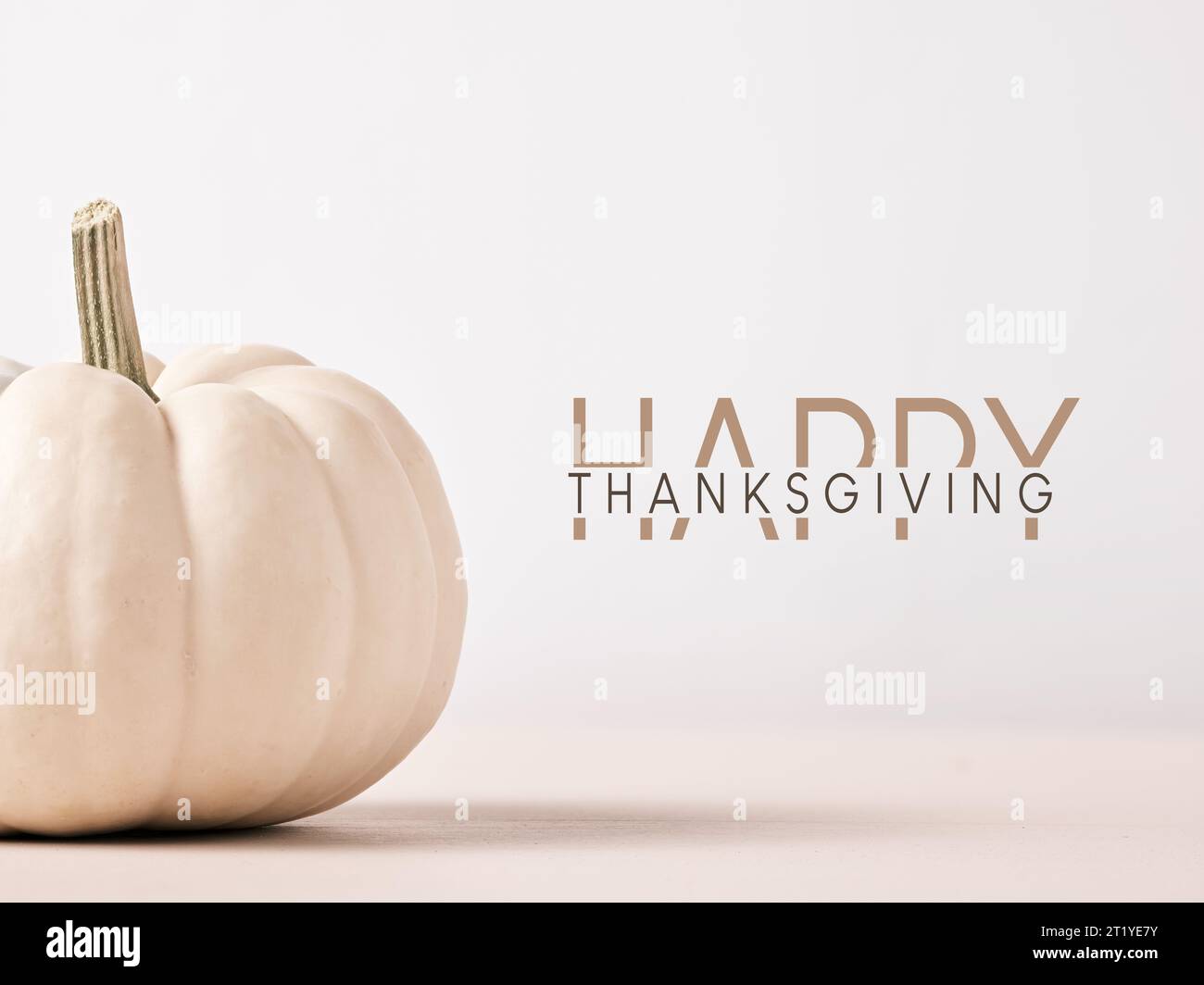 Frohe Thanksgiving-Nachricht mit weißem Herbstkürbis auf Holztisch vor weißem Hintergrund. Grußkartenvorlage. Stockfoto
