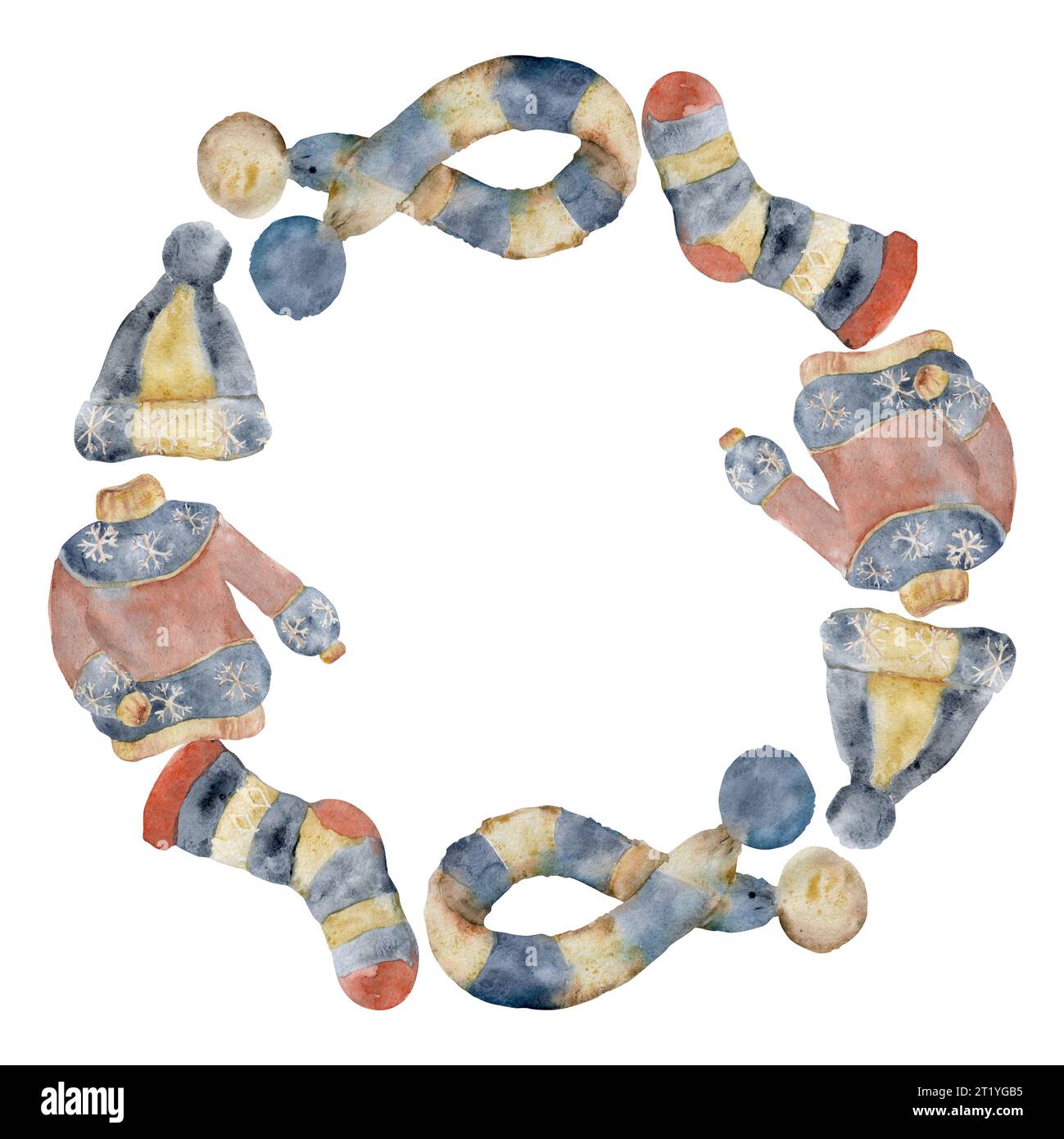 Handgezeichnete Aquarellillustration. Strickwaren und Accessoires aus Wolle, Strickmütze Schal Socken, Garnknadeln. Kreiskranz isoliert auf Stockfoto