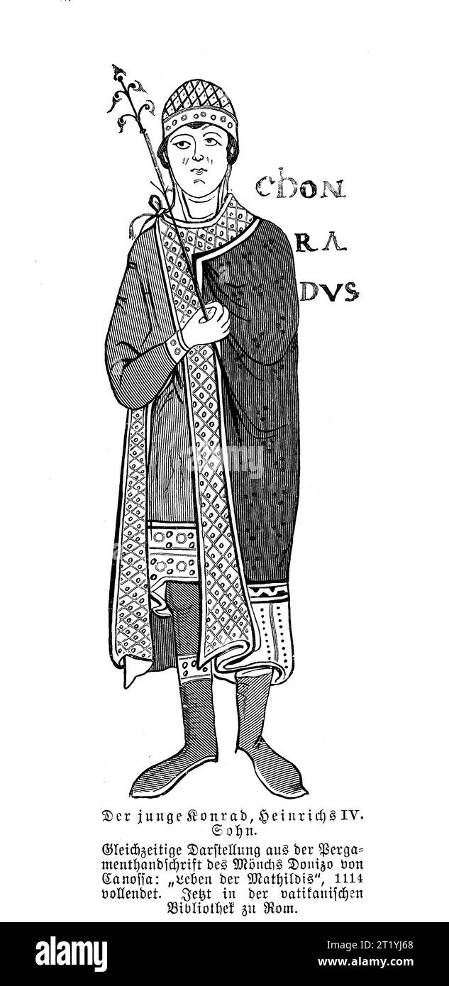 Porträt des jungen Konrads, Sohn des Heiligen Römischen Kaisers Heinrich IV. Und Bertha von Savoyen, damals Konrad II. König von Italien, gezeichnet von Dioniso Mönch von Canossa im Jahr 1114 Stockfoto