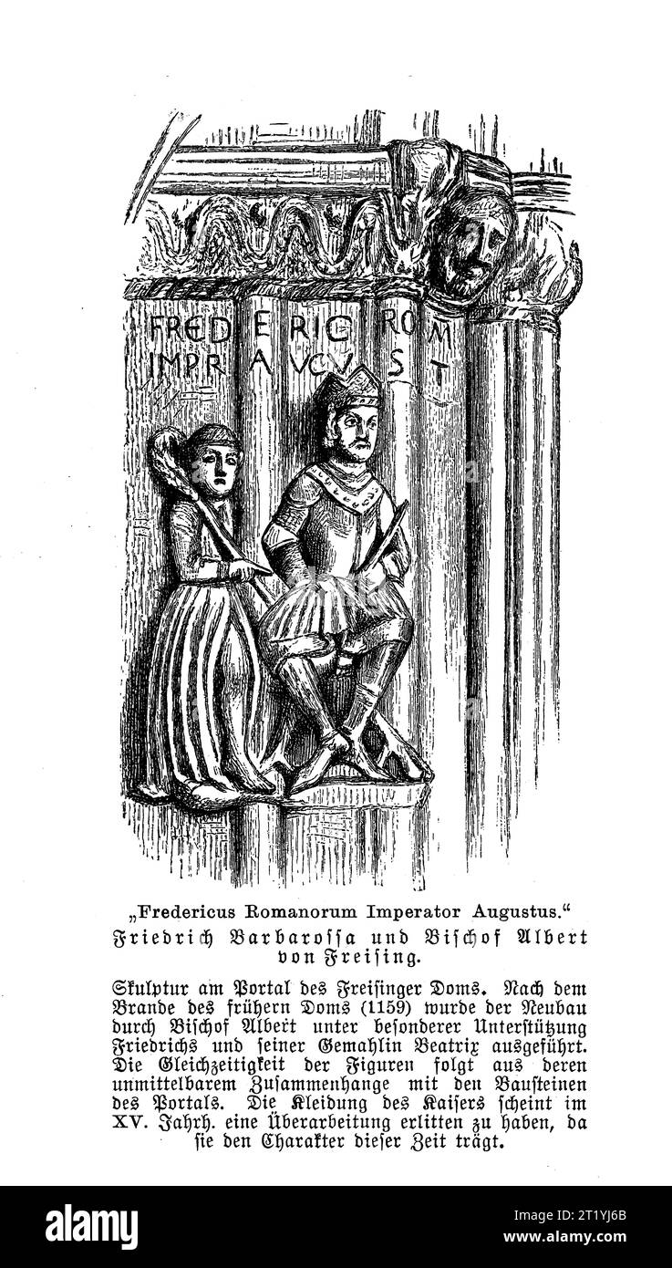 Steingemeißeltes Porträt von Friedrich I. Barbarossa, Kaiser des Heiligen Römischen Reiches mit Albrecht Bischof von Freising auf einer Säule des Freisinger Doms im Jahr 1159 Stockfoto