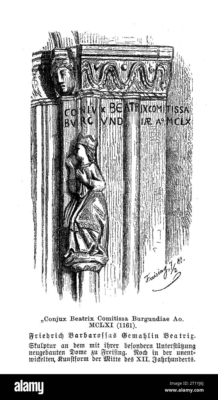 In Stein gemeißeltes Porträt von Beatrice I., Gräfin von Burgund Ehefrau Friedrichs I. Barbarossa des Heiligen Römischen Kaisers, gemeißelt in eine Säule des Freisinger Doms, Bayern, 12. Jahrhundert Stockfoto