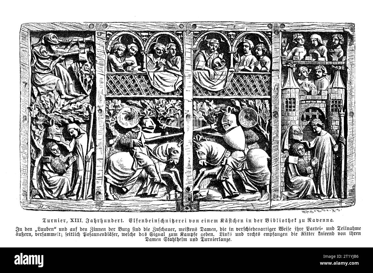 Turnier, 13. Jahrhundert, Elfenbeinschnitzerei auf einem Sarg in der Bibliothek von Ravenna, beliebte mittelalterliche Wettbewerbe, bei denen Ritter und Adlige ihre Kampfkünste unter Beweis stellen, oft als Unterhaltungs- oder Demonstrationsmittel. Stockfoto