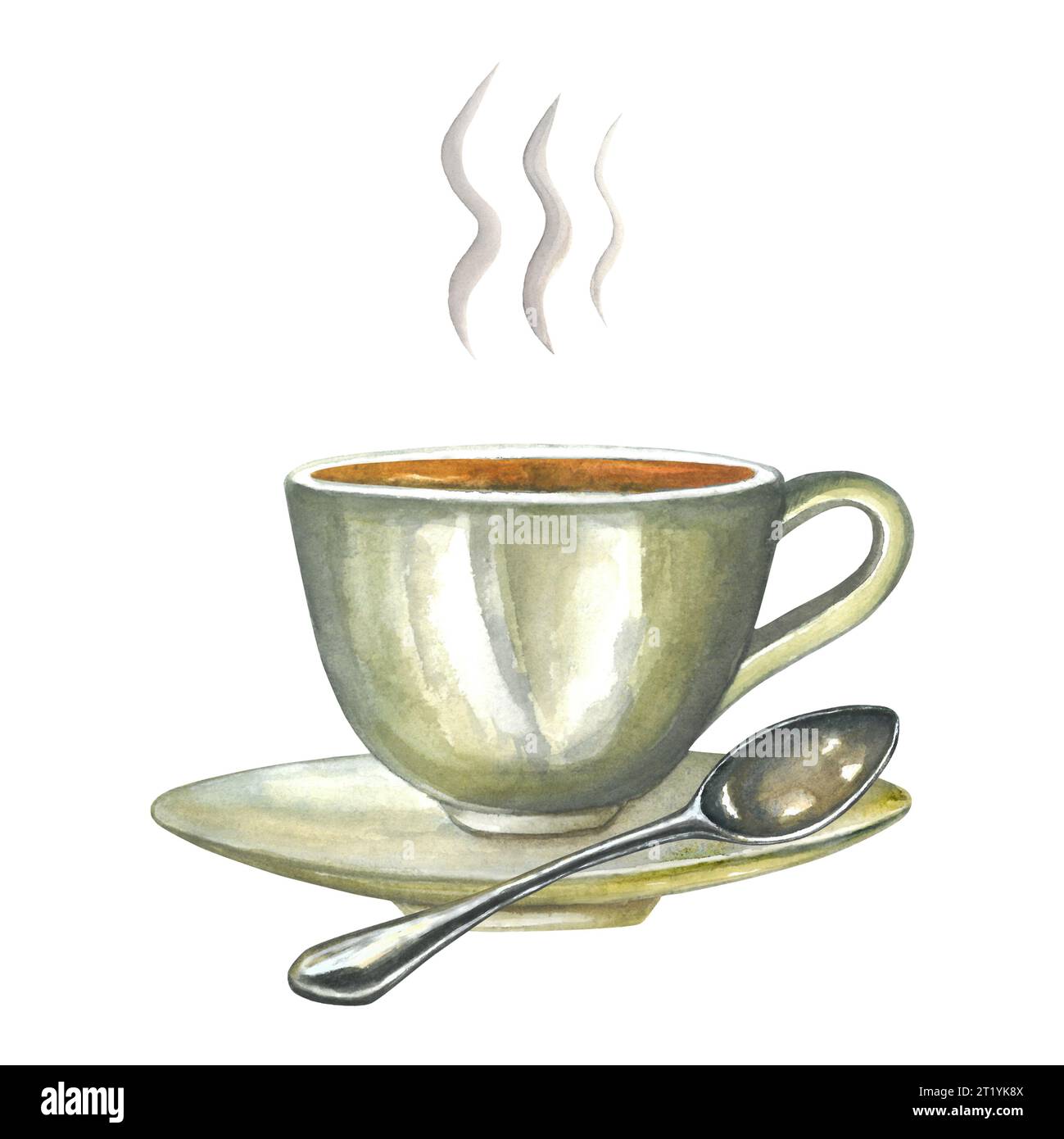 Aquarellkomposition von Illustrationen einer Tasse Tee auf einer Untertasse, mit Metalllöffel und Dampf. Isoliert auf weißem Hintergrund, handgezeichnet Stockfoto