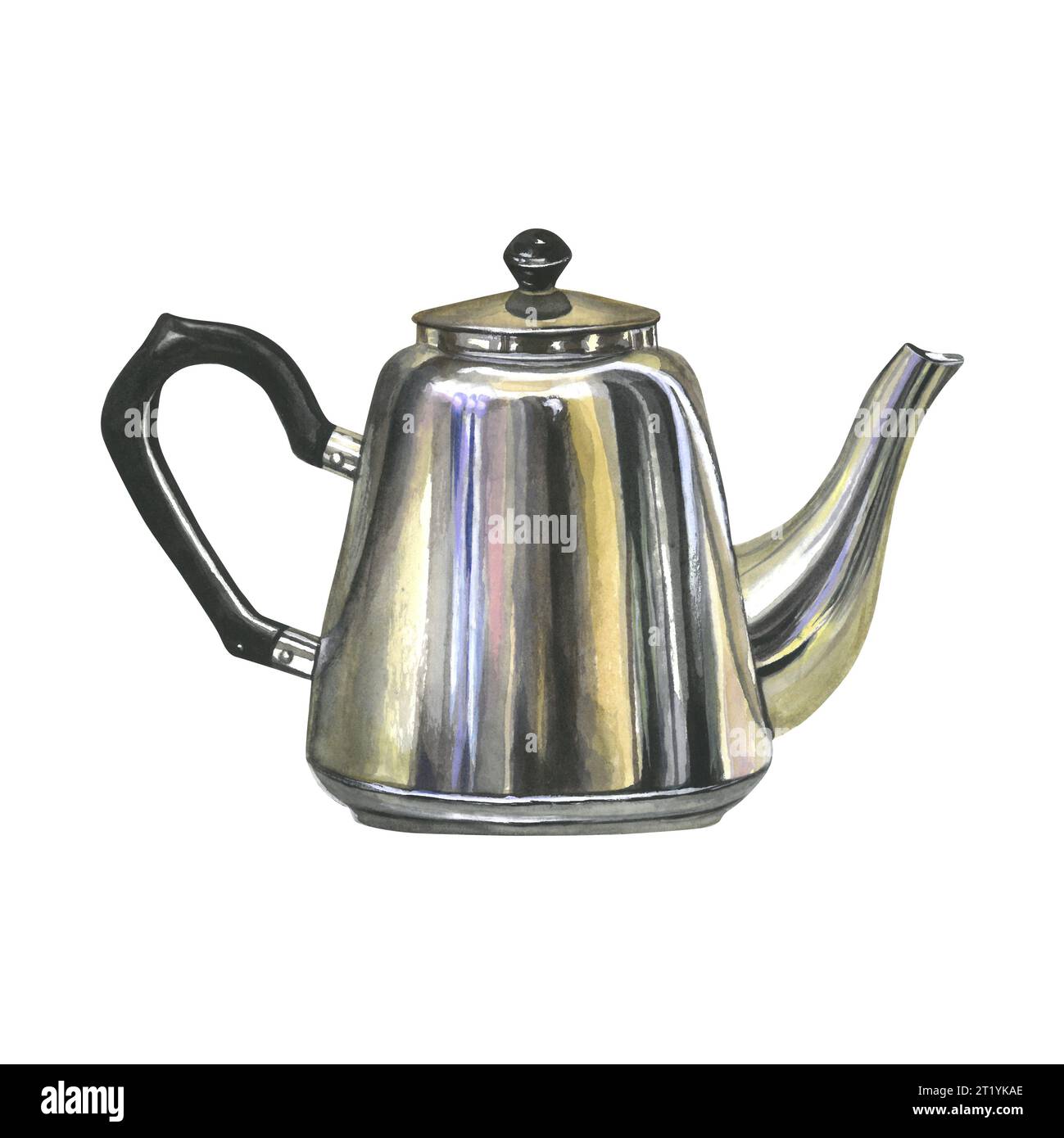 Aquarellabbildung einer Metall-Teekanne. Isoliert auf weißem Hintergrund, handgezeichnet Stockfoto