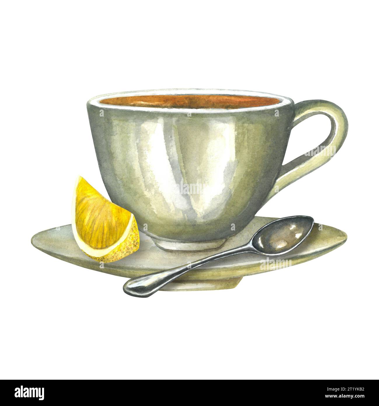 Aquarellkomposition von Illustrationen einer Tasse Tee auf einer Untertasse, mit Metalllöffel, Dampf und Zitrone. Isoliert auf weißem Hintergrund, handgezeichnet. Stockfoto