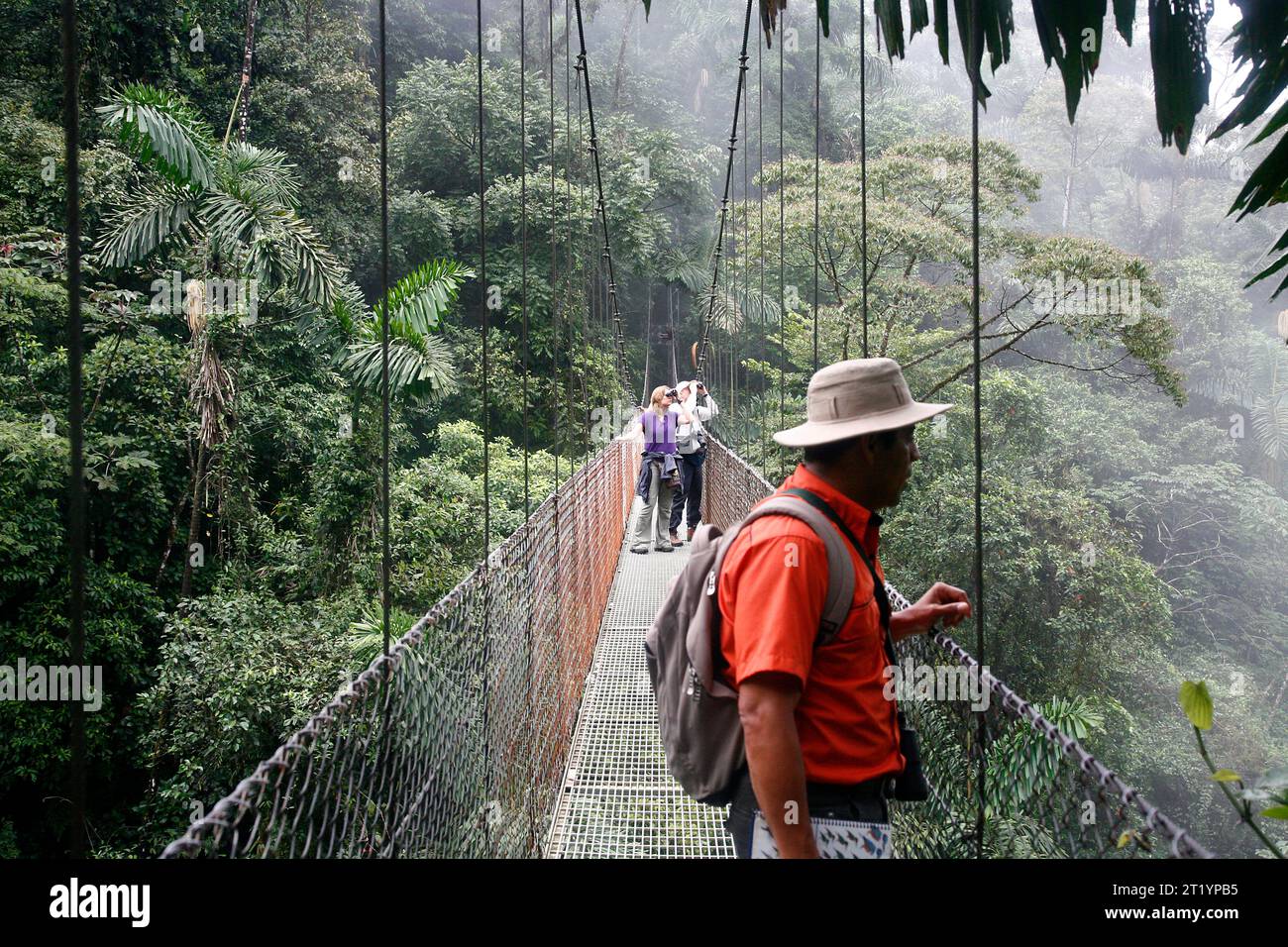 Wanderer im Regenwaldreservat Arenal, die auf einer Hängebrücke laufen. La Fortuna und Umgebung, Costa Rica. Stockfoto