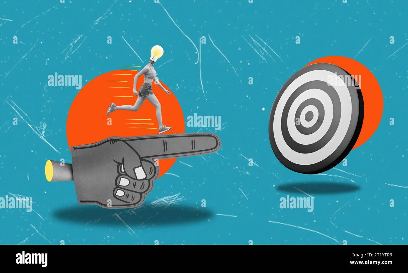 Zeitgenössische Kunstcollage. Manager, Mitarbeiter, der auf einer riesigen Hand läuft und ein neues Ziel erreicht. Konzept von Motivation, Zweck, beruflichem Wachstum, Teamarbeit Stockfoto