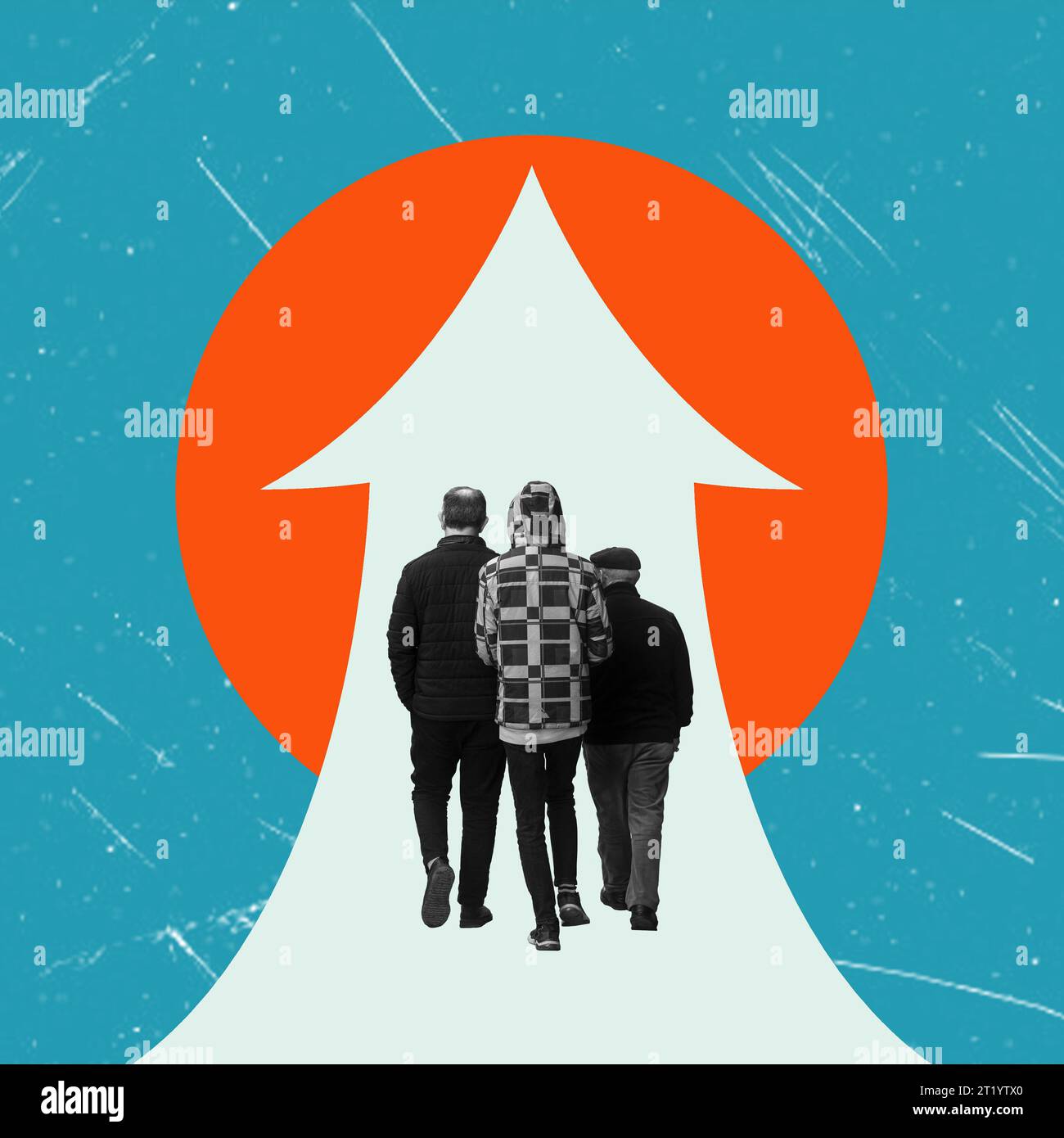 Eine zeitgenössische künstlerische Collage, die Menschen zeigt, die sich entlang eines Pfeils nach oben bewegen. Das Konzept der Teamentwicklung in Wirtschaft und Finanzen. Stockfoto