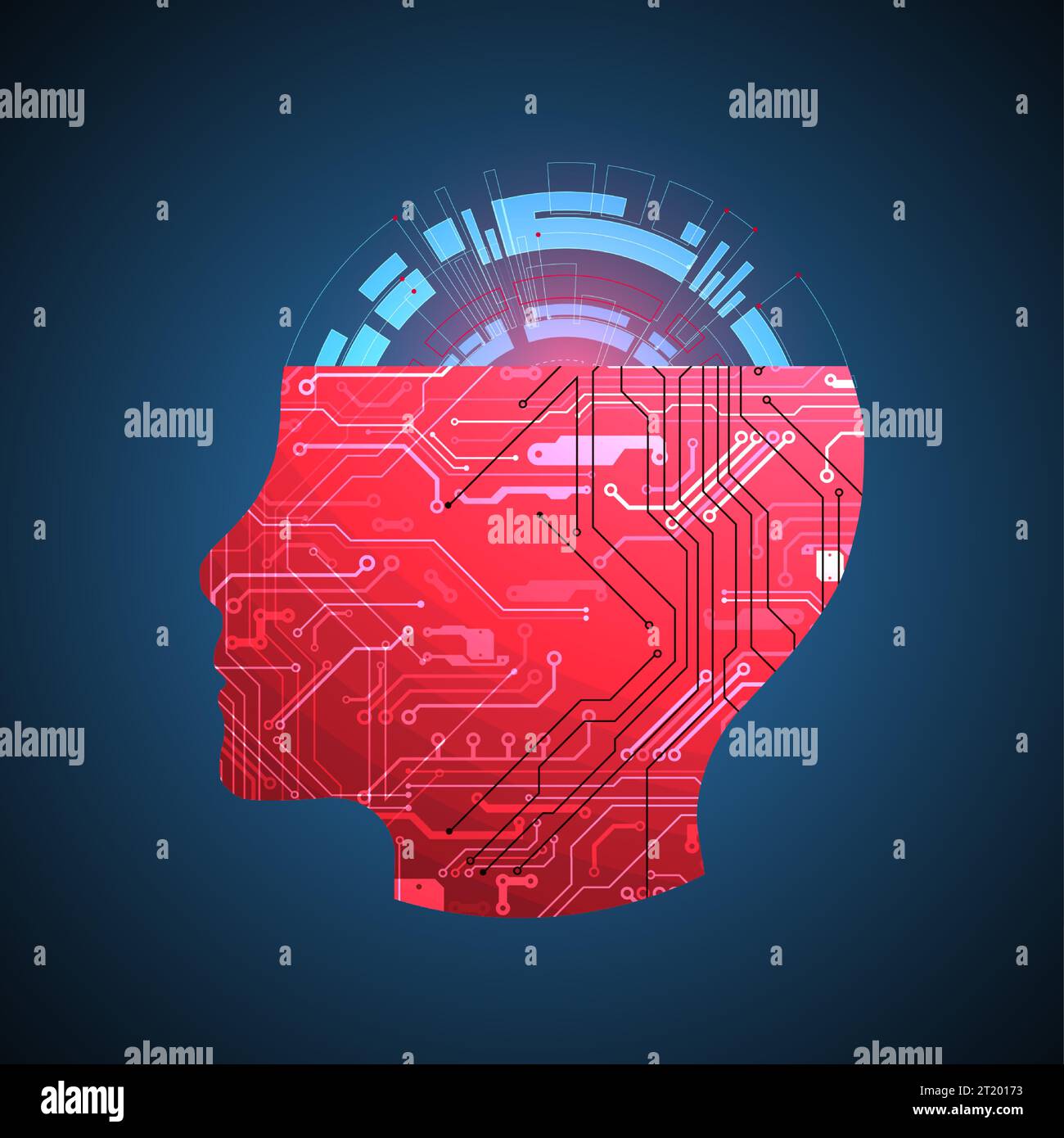 Abstrakter Hintergrund zum Thema künstliche Intelligenz. Kopfform mit technologischen Elementen innerhalb der Kontur. Stock Vektor