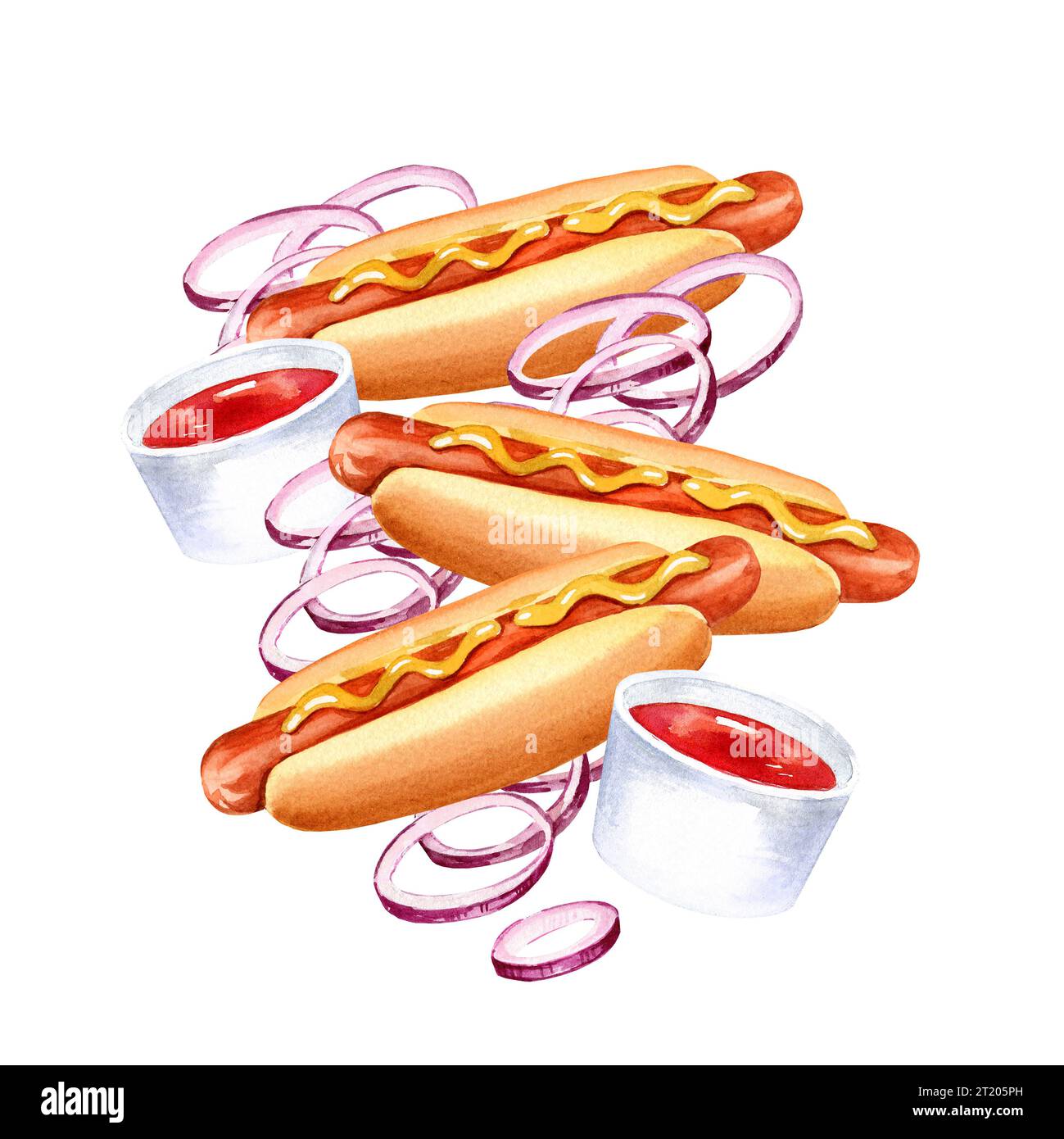 Aquarellkomposition mit Fast Food, handgezeichnete Illustration von Zwiebelscheiben, Hot Dog, rote Tomaten Souse isoliert auf weißem Hintergrund, Skizze für Stockfoto