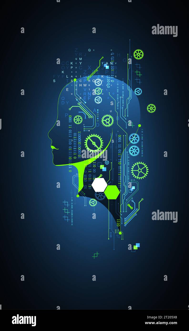 Künstliche Intelligenz. Technischer Hintergrund mit der Silhouette eines Mannes. Big-Data-Konzept. Computer-Cyber-Mind. Stock Vektor