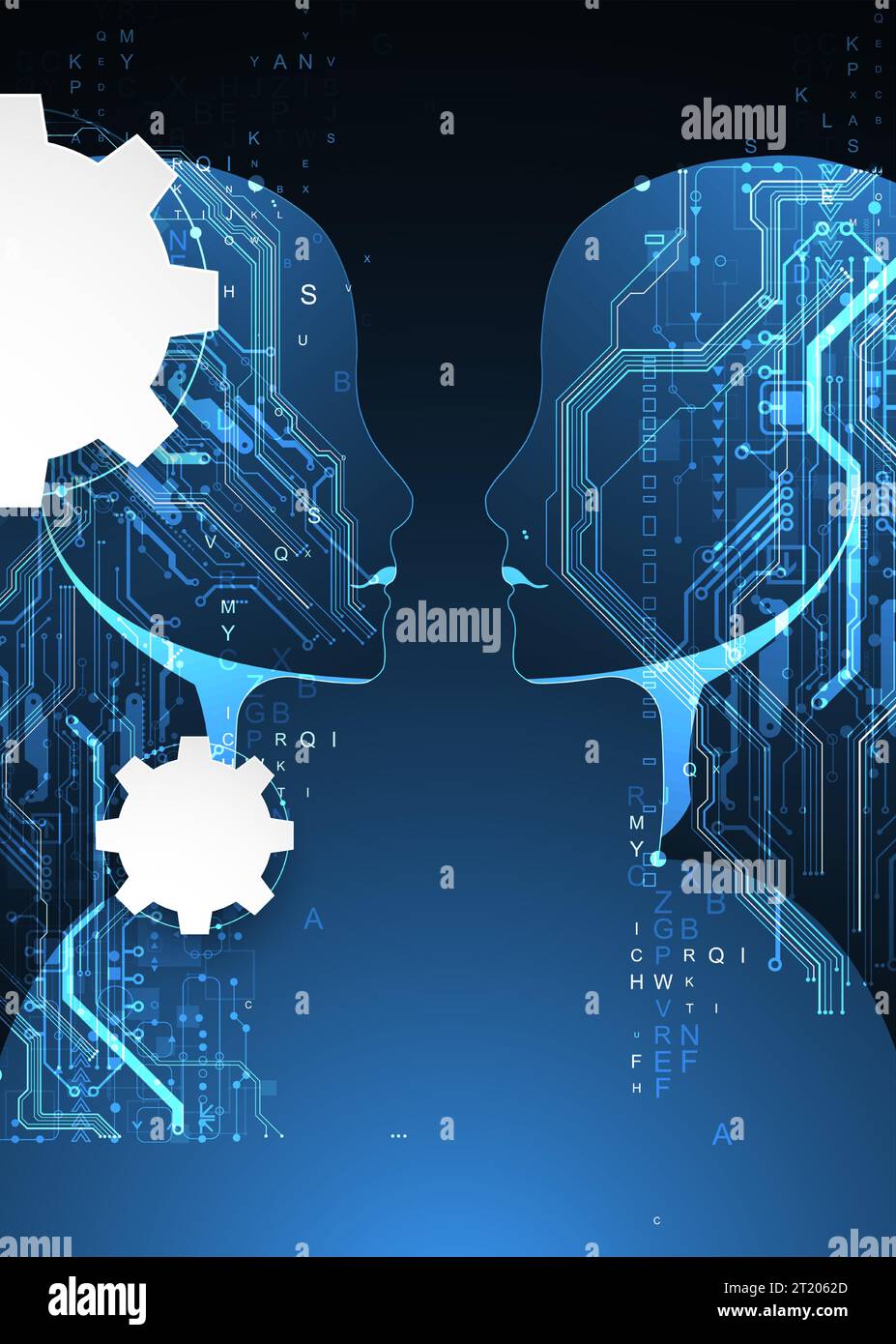 Künstliche Intelligenz. Technischer Hintergrund mit der Silhouette eines Mannes. Big-Data-Konzept. Computer-Cyber-Mind. Stock Vektor