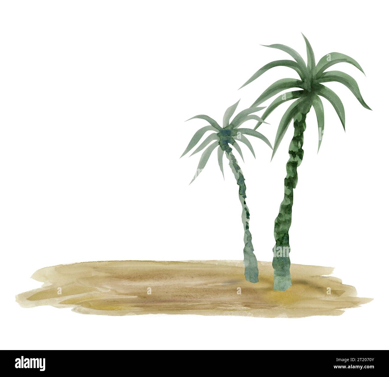 Aquarellpalmen auf Sand der Wüsteninsel oder Strand Illustration. Handzeichnung Sommerurlaub Vorlage Stockfoto