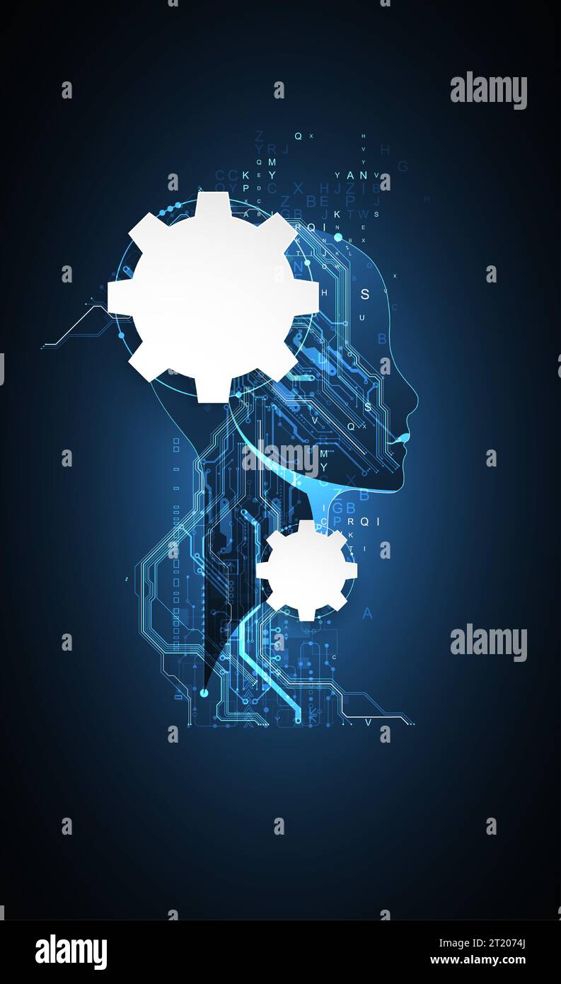 Künstliche Intelligenz. Technischer Hintergrund mit der Silhouette eines Mannes. Big-Data-Konzept. Computer-Cyber-Mind. Stock Vektor