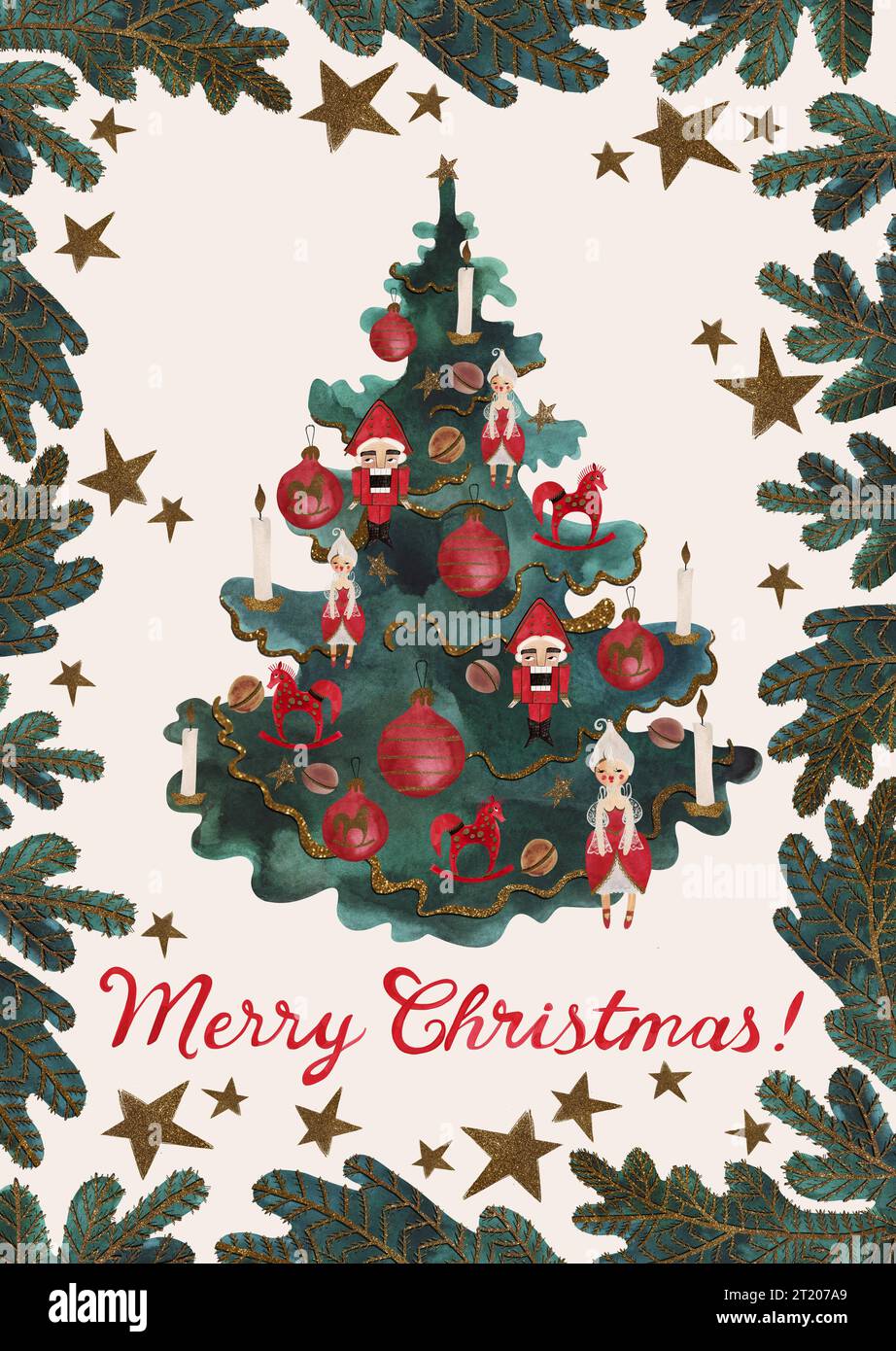 Aquarelle Postkarte mit dekoriertem weihnachtsbaum. Weihnachtskarte. Kinderspielzeug. Ein Weihnachtsgeschenk. Rasterdarstellung für Verpackung, Grußkarten Stockfoto