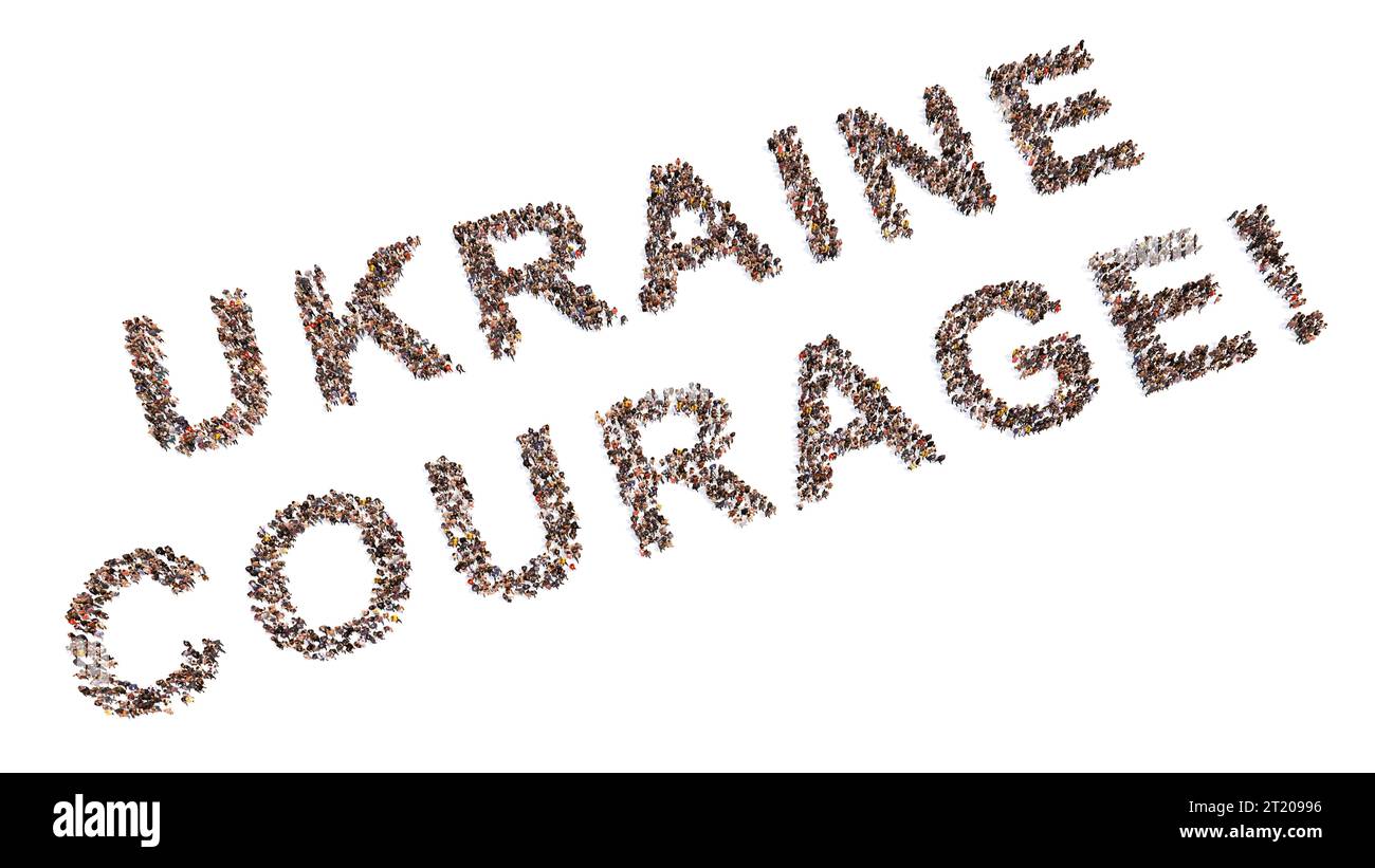 Konzeptionelle Gemeinschaft von Menschen, die die Botschaft bilden UKRAINE MUT. 3D Illustration Metapher für Kampf, Geist, Entschlossenheit, Motivation Stockfoto