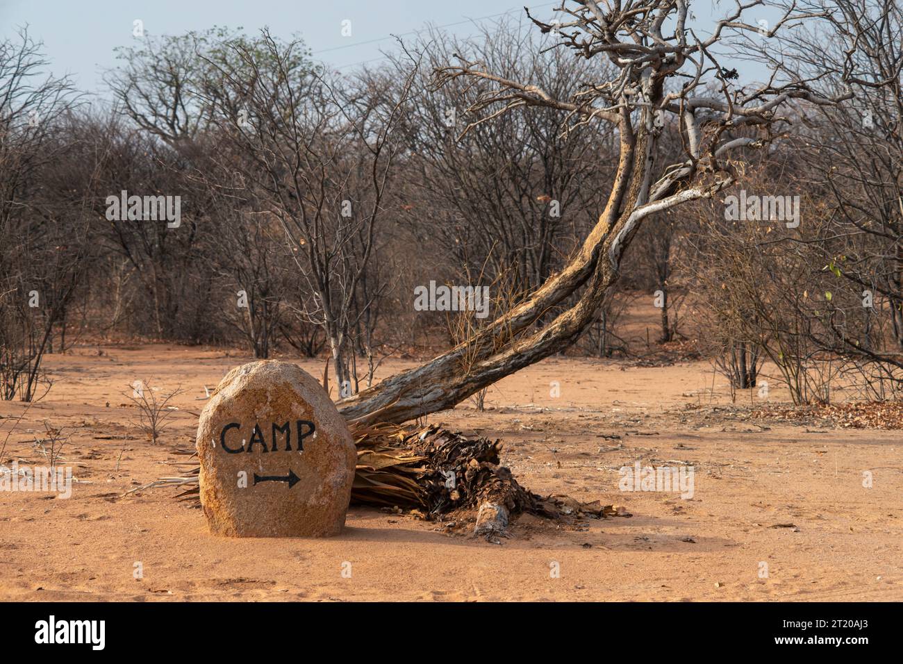 Steincamp-Schild in der Wüste Namibias in der Trockenzeit Stockfoto
