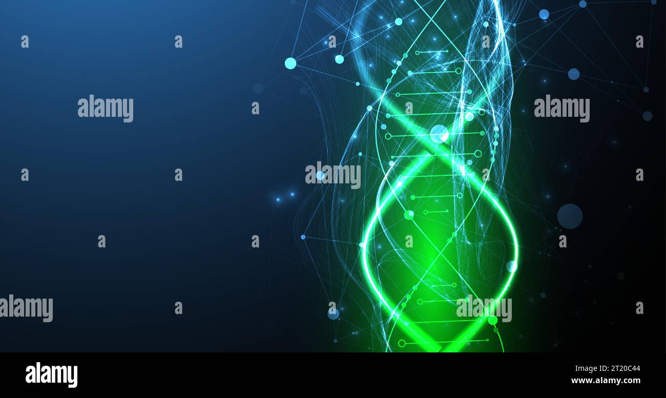 Abstrakter futuristischer Hintergrund für Designarbeiten. Wissenschaftliche Vorlage, Hintergrundbild oder Banner mit DNA-Molekülen. Stock Vektor