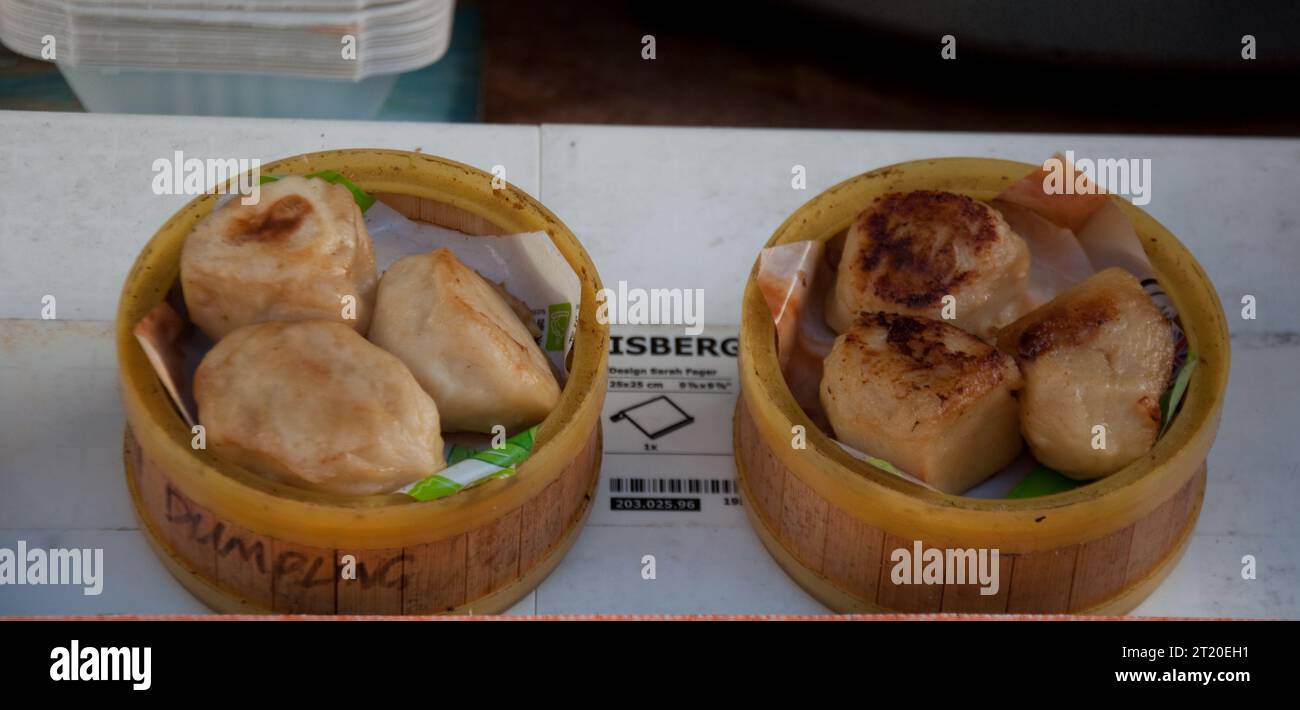 Chinesische Knödel, gehobenes Food Court, Brick Lane, London, Großbritannien Stockfoto