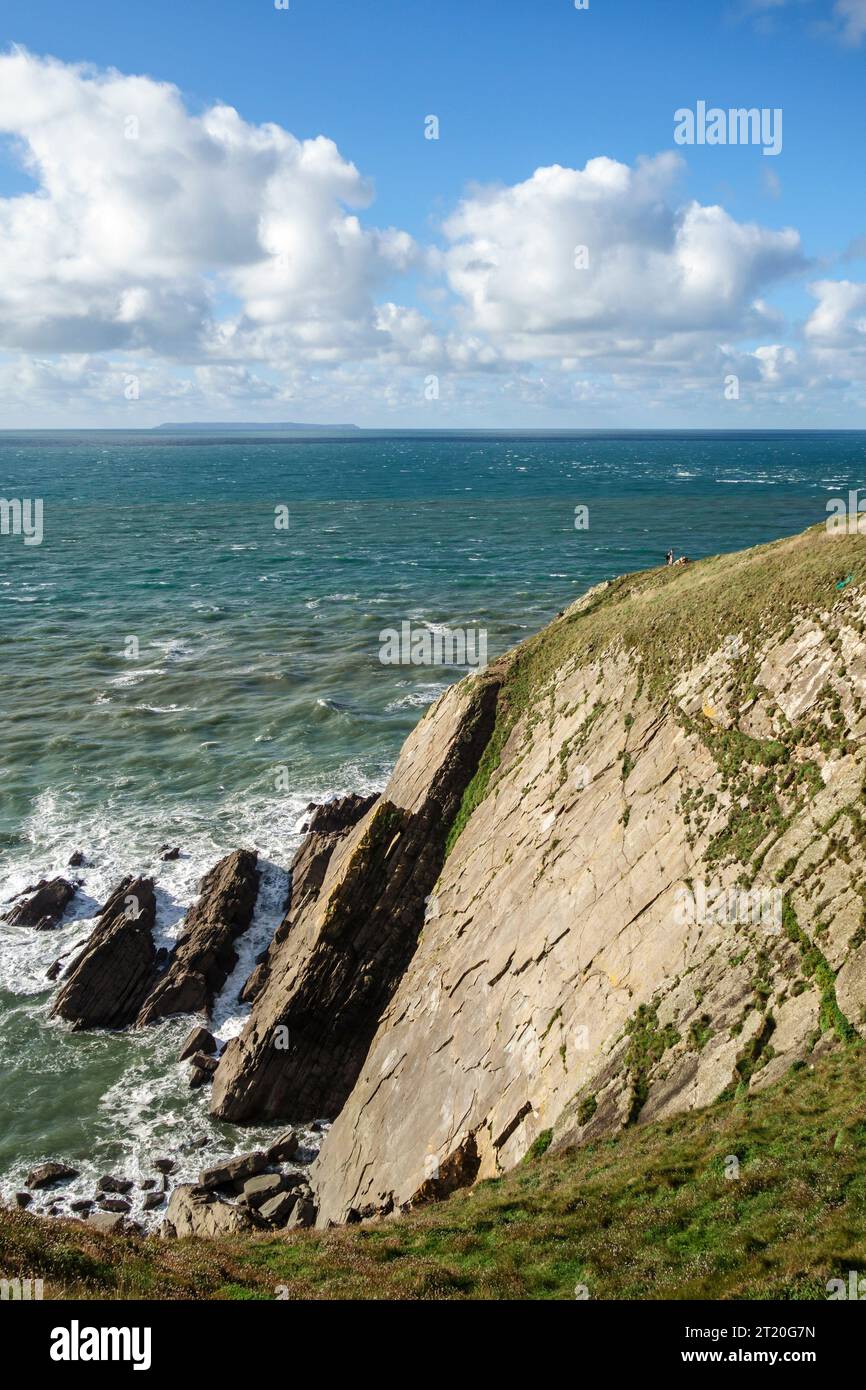 Die riesige Sandsteinplatte am Baggy Point an der North Devon Küste, ein beliebter Ort für Kletterer Stockfoto