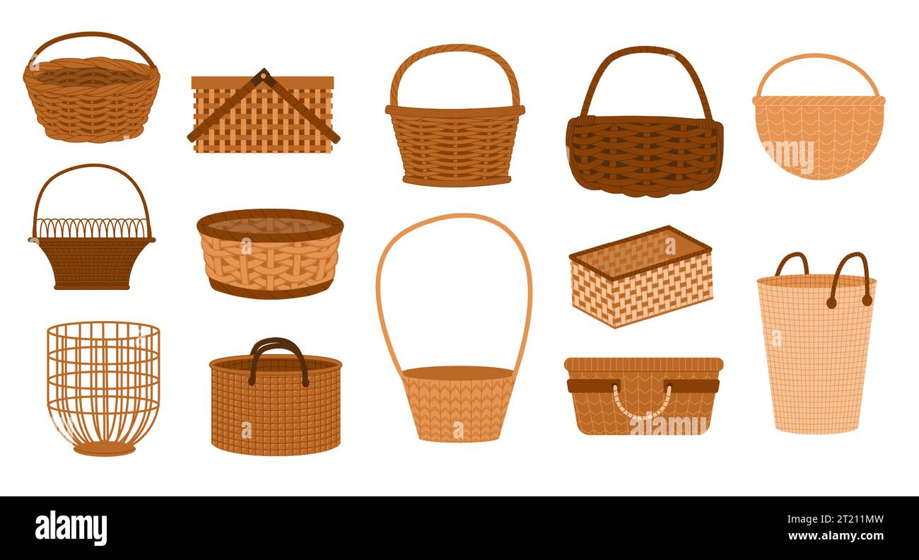 Korbkörbe. Handgefertigte, gewebte Strohbehälter für Lebensmitteleinkäufe, traditionelle Picknickkörbe für umweltfreundliche Verpackungen. Vektorsatz Stock Vektor