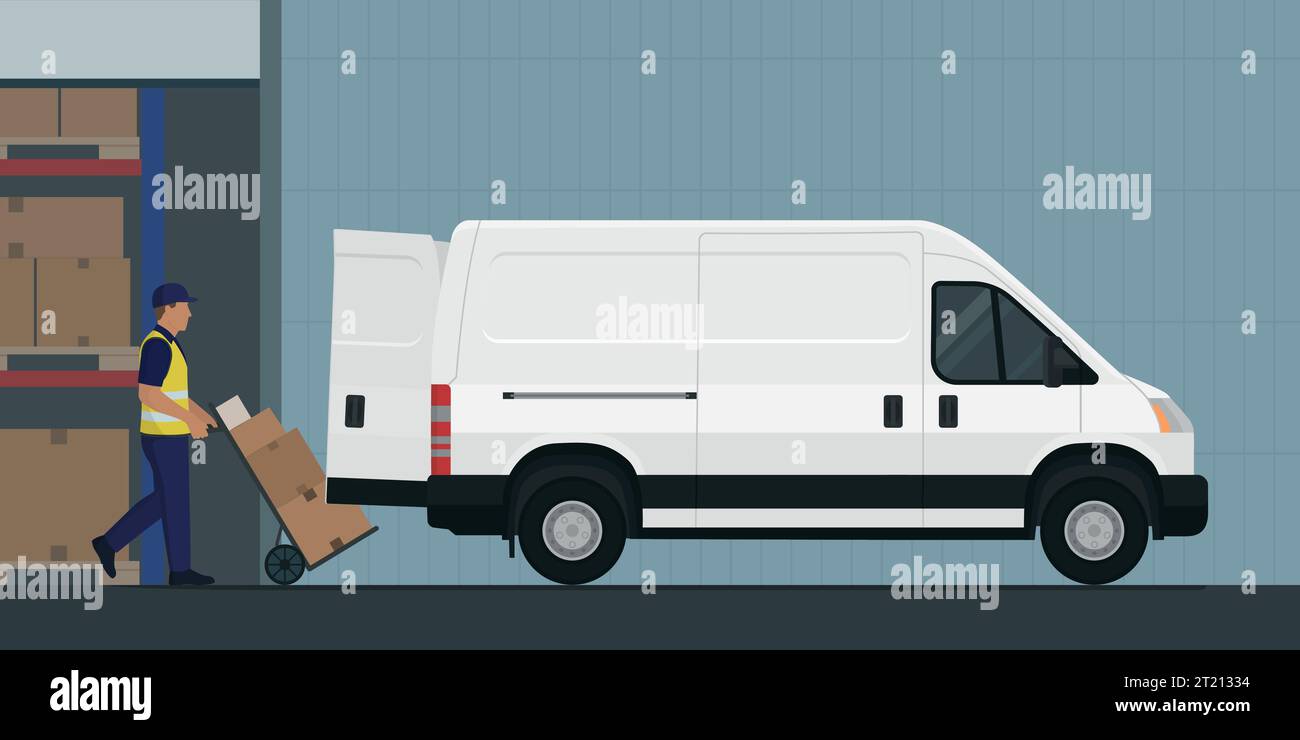 Ein Mann schiebt einen Handwagen und lädt Pakete in einen Transporter im Lager, Kurier- und Express-Lieferkonzept, Kopierraum Stock Vektor