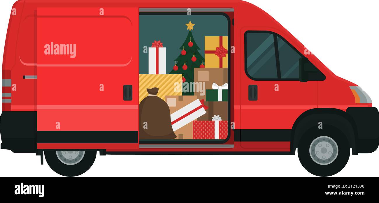 Roter Van voller Weihnachtsgeschenke und Dekorationen, isoliert Stock Vektor