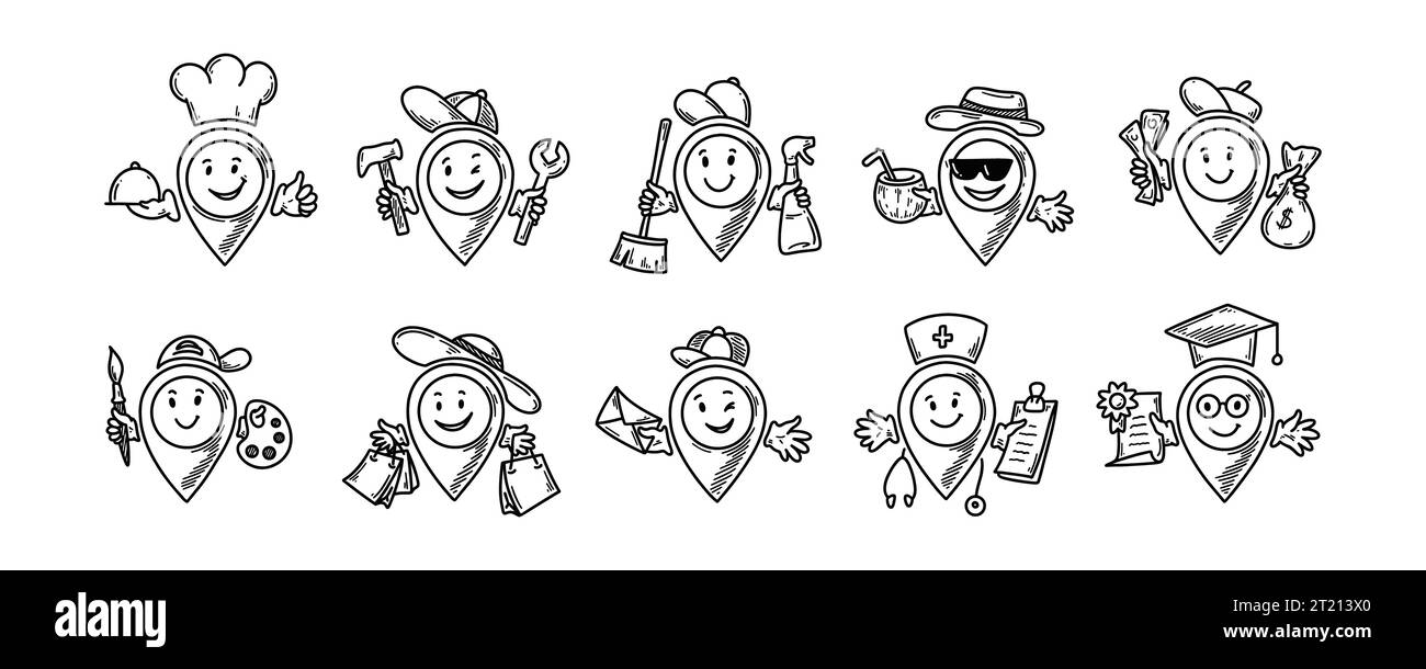 Niedliche Lage, Pin Emoji. Set von Pinpoints für Kritzelskizzen. Restaurant, Schule, Service, Reinigung, Strand, bank, Laden, Lieferung, Arzt, Kunstgeschäft Stock Vektor