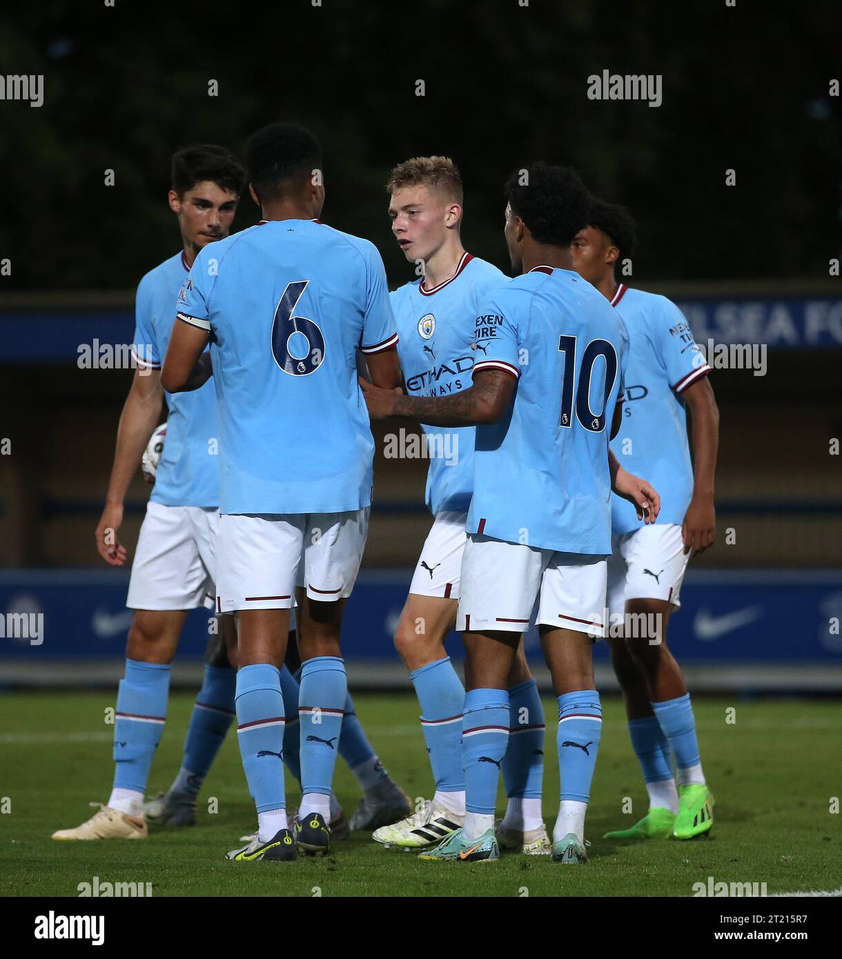 TOR 1:1, Kian Breckin von Manchester City U21 Torfeier. - Chelsea U21 gegen Manchester City U21, Premier League 2, Kingsmeadow Stadium, London. - 26. August 2022. Nur redaktionelle Verwendung – es gelten Einschränkungen für DataCo. Stockfoto