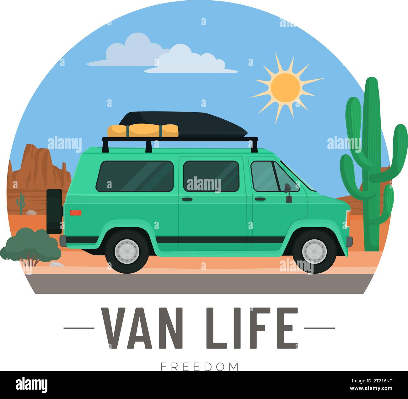 Van Life: Van, der durch die Wüste fährt, isolierter Aufkleber Stock Vektor