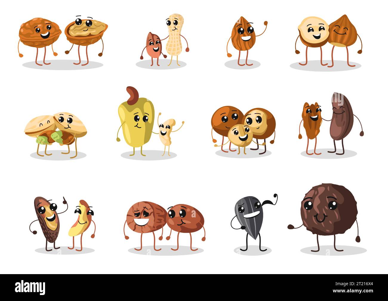 Nüsse Maskottchen. Cartoon Cashew Walnussmandelstücke, süße gesunde Snack Nuss Charaktere, Bio Lebensmittel Ernährungskonzept. Vektorsatz Stock Vektor
