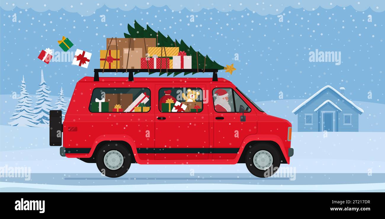 Der Weihnachtsmann fährt einen Van unter dem Schnee und trägt Weihnachtsgeschenke Stock Vektor