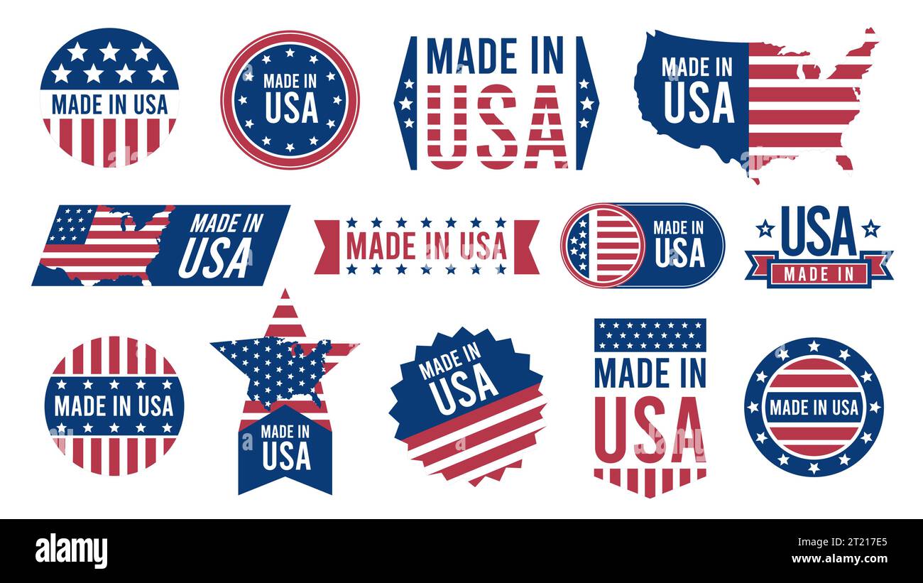 „Made in USA“-Etiketten. Patriotische Aufkleber im Retro-Stil mit nationalen amerikanischen Flaggenstreifen, nationalem Landkartenemblem, inländischer Produktqualität Stock Vektor