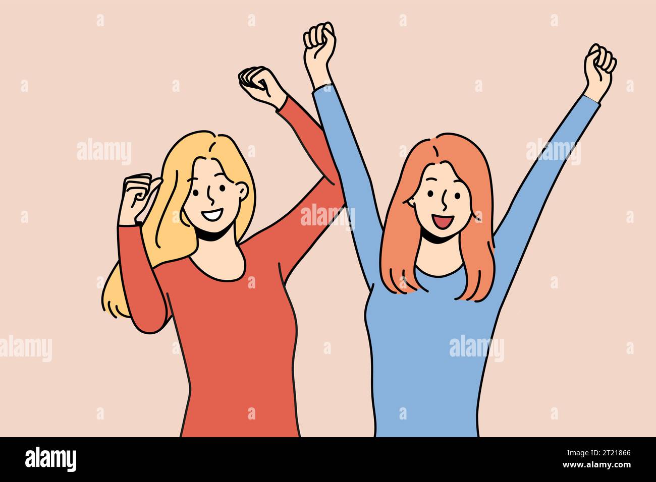 Zwei Freundinnen heben triumphierend die Hände hoch, um ein lang ersehntes Treffen oder den erfolgreichen Abschluss des College zu feiern. Fröhliche Freundinnen tanzen in der Disco, winken Arme und genießen coole Musik Stock Vektor