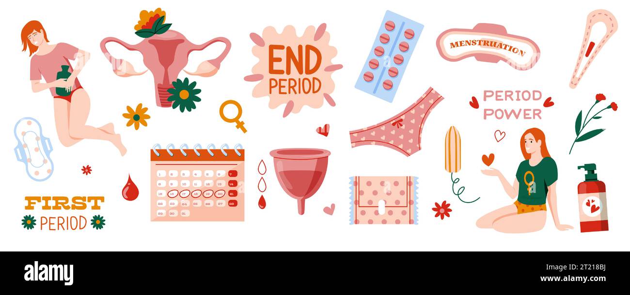 Eingestellte Menstruationsperioden. Feminine Zyklussymbole für Papierservietten, Wattepads und Hygieneprodukte. Vektorsatz für reproduktive Gesundheit der Frau Stock Vektor