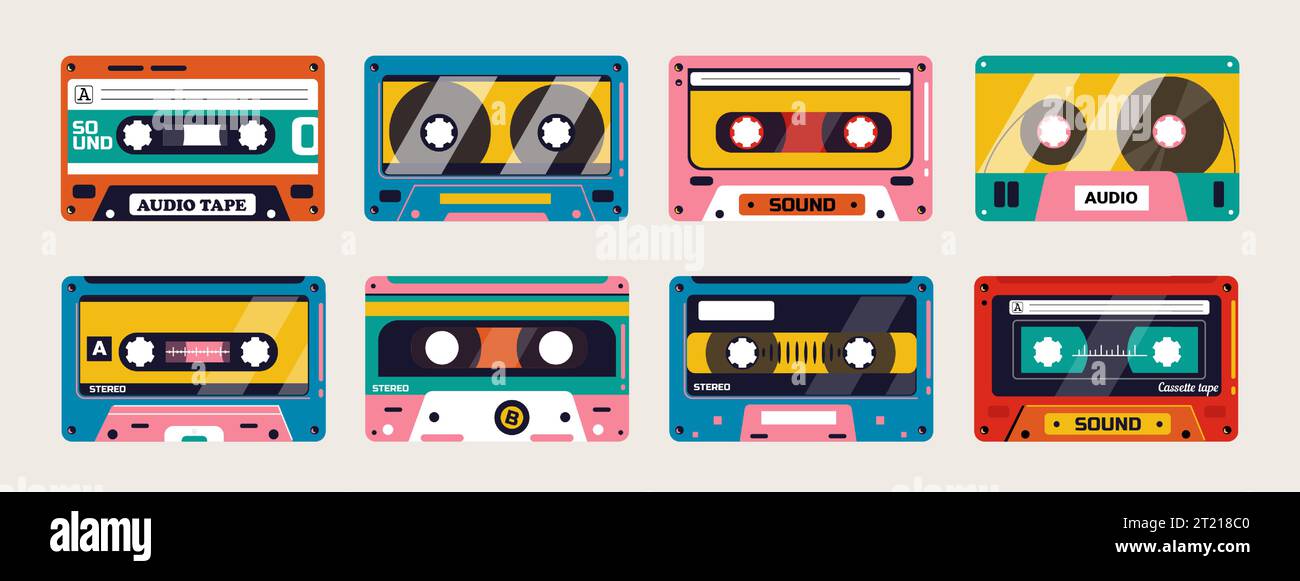 Bunte Bandkassette. Analoges Vintage-Audiokassette mit Magnetetikett, Retro-Kassette der 80er Jahre mit Stereo-Sound. Vektorsammlung Stock Vektor