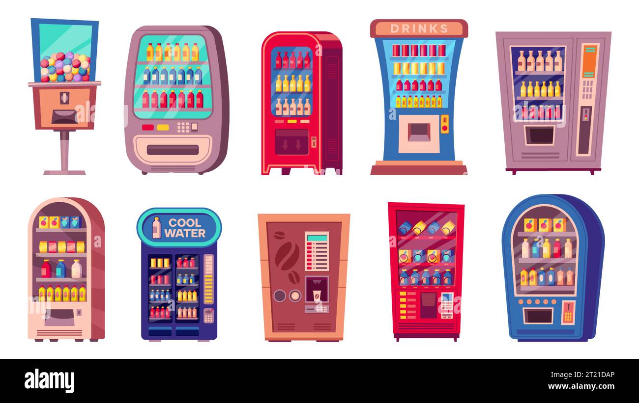 Verkaufsautomat. Cartoon-Snack- und Kaltgetränk-Automat, Süßigkeiten- und Kaltgetränk-Automaten, praktisches Lebensmittelkonzept. Vektor Stock Vektor