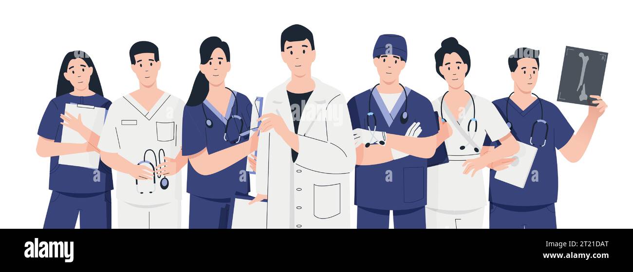 Ärzteteam. Zeichentrickfiguren in medizinischer Uniform, Arzt Krankenschwester Zahnarzt Assistentin Charaktere im Gesundheitswesen Karriere, Gesundheitskonzept. Vektor Stock Vektor
