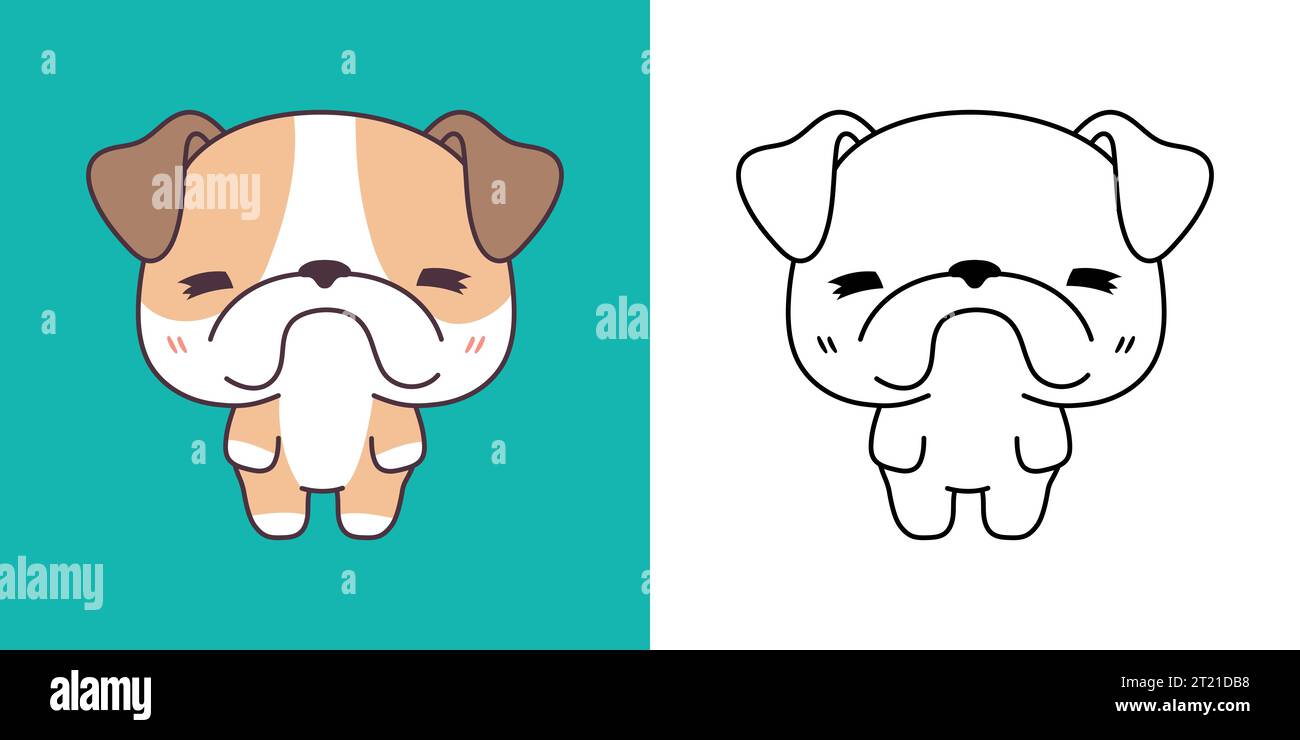 Kawaii Bulldog Dog Clipart mehrfarbig und schwarz-weiß. Süßes Kawaii-Hündchen. Stock Vektor