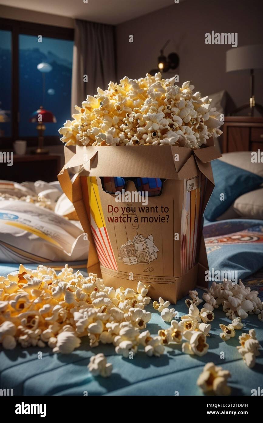 Eine Schüssel mit frischem Popcorn wird in einer weißen Schachtel zusammen mit mehreren Gläsern zum Snacken serviert Stockfoto