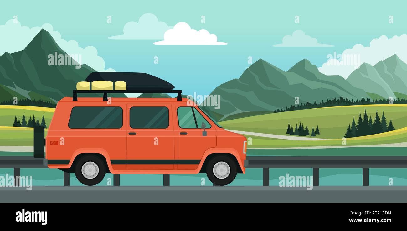 Reisebus und Berge Hintergrund: Reise- und Van-Life-Konzept Stock Vektor
