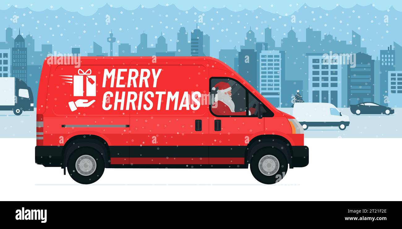 Der Weihnachtsmann fährt einen Van auf der Straße der Stadt und liefert Geschenke, Weihnachtswünsche Stock Vektor