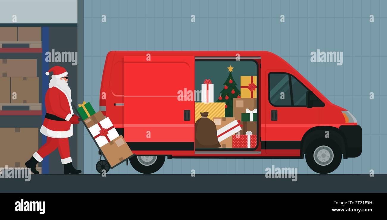 Der Weihnachtsmann liefert Weihnachtsgeschenke und lädt einen Lieferwagen ins Lagerhaus Stock Vektor